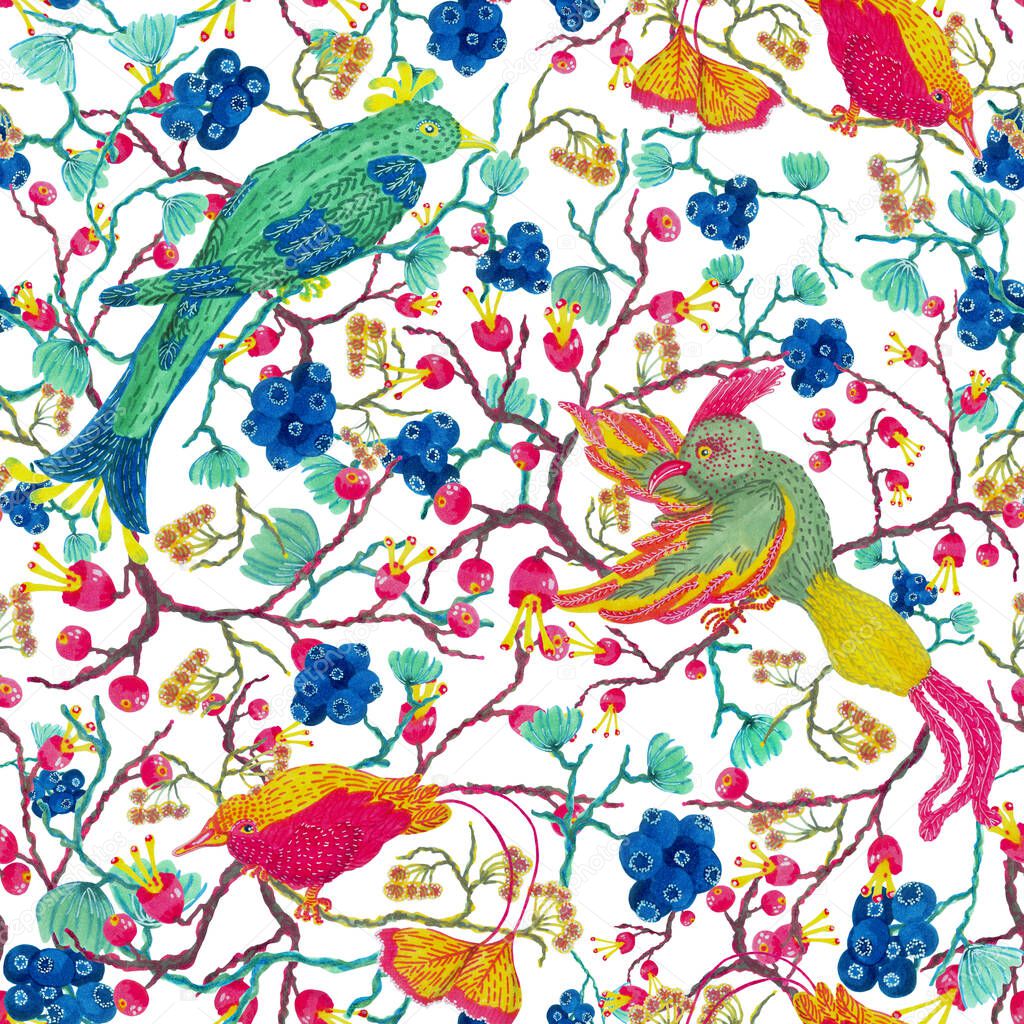 Eden birds floral pattern on white background. Illustration for fashion, custom design, reprints
