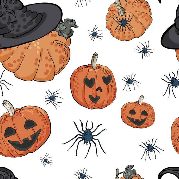 Cadılar Bayramı Sembollü Kusursuz Desen Balkabağı Cadı Şapkası Örümcekler Özel — Stok Vektör