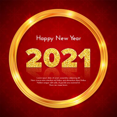 Altın parlayan çerçeve ve 2021 numara. Kırmızı kar tanesi arka planında yansıması ve gölgesi var. Bayram hediye kartı. Mutlu yıllar. Kutlama dekoru. Vektör şablonu illüstrasyonu.