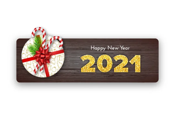Feliz Año Nuevo 2021 Regalo Navideño Con Ramas Abeto Bastones — Vector de stock
