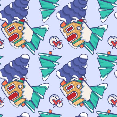 Rahat bir ev, mavi arka planda köknar ağaçları. Duvar kağıdı, ambalaj kağıdı, karo, banyo fayansı, giysi ya da çarşaf için kusursuz bir Noel deseni. Telefon kılıfı ya da bez parçası. Düz stil stok vektör illüstrasyonu