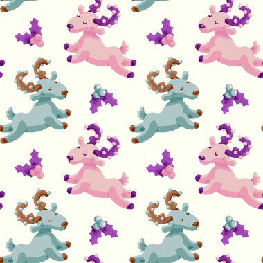 Geyik ve çoban püskülü beyaz arka planda. Duvar kağıdı, ambalaj kağıdı, karo, banyo fayansı, giysi ya da çarşaf için kusursuz bir Noel deseni. Telefon kılıfı ya da bez parçası. Düz stil stok vektör illüstrasyonu