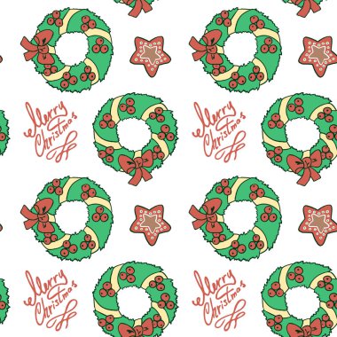 Beyaz arka planda çelenk ve kurabiye. Duvar kağıdı, ambalaj kağıdı, karo, banyo fayansı, giysi ya da çarşaf için kusursuz bir Noel deseni. Telefon kılıfı ya da bez parçası. Doodle biçimi stok vektör çizimi