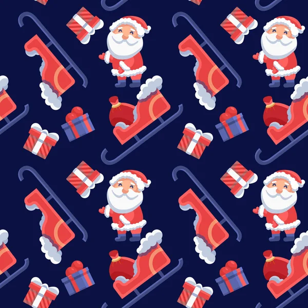 サンタクロースはネイビーブルーを背景にそります ラップ紙 ベッド バスタイル アパレルやベッドリネンのためのクリスマスシームレスなパターン 電話ケースや布の印刷フラットスタイルの株式ベクトルイラスト — ストックベクタ