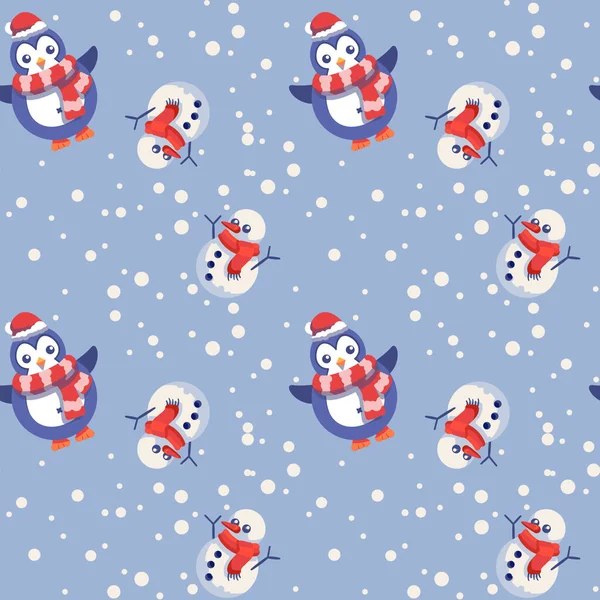 Pingüino Muñeco Nieve Sobre Fondo Gris Patrón Sin Costuras Navidad — Archivo Imágenes Vectoriales