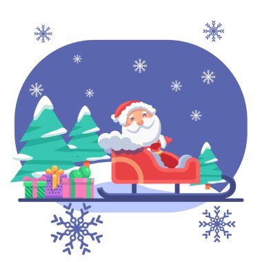 Santa Claus in skid and gifts on blue backdrop. Christmas holiday postcard for invitation or gift card, notebook, bath tile, scrapbook. Phone case or cloth print. Flat style stock vector illustration clipart