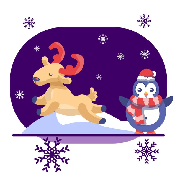 Cerfs Pingouins Sur Fond Blanc Isolé Carte Postale Vacances Noël — Image vectorielle