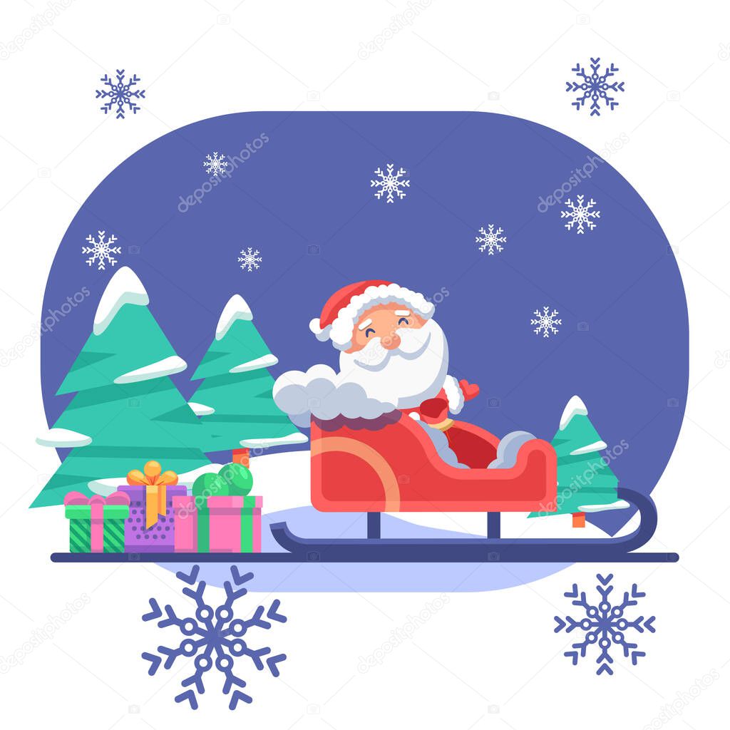 Santa Claus in skid and gifts on blue backdrop. Christmas holiday postcard for invitation or gift card, notebook, bath tile, scrapbook. Phone case or cloth print. Flat style stock vector illustration