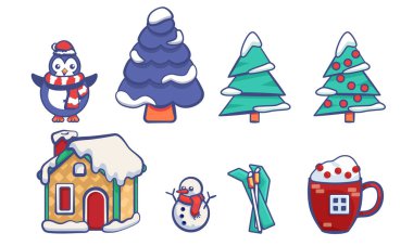 Penguen, kardan adam, beyaz arka planda ladin. Davetiye, hediye kartı, defter, banyo fayansı, hatıra defteri için Noel çıkartması. Telefon kılıfı ya da bez parçası. Düz stil stok vektör illüstrasyonu