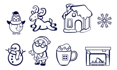 Şömine, geyik ve Noel Baba izole beyaz zeminde. Davetiye, hediye kartı, defter, banyo fayansı, hatıra defteri için Noel çıkartması. Telefon kılıfı ya da bez parçası. Düz stil stok vektör illüstrasyonu