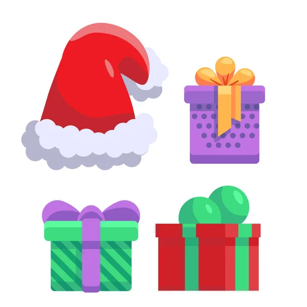 Santa Hat Gifts White Isolated Backdrop Christmas Holiday Symbols Invitation — Stock Vector