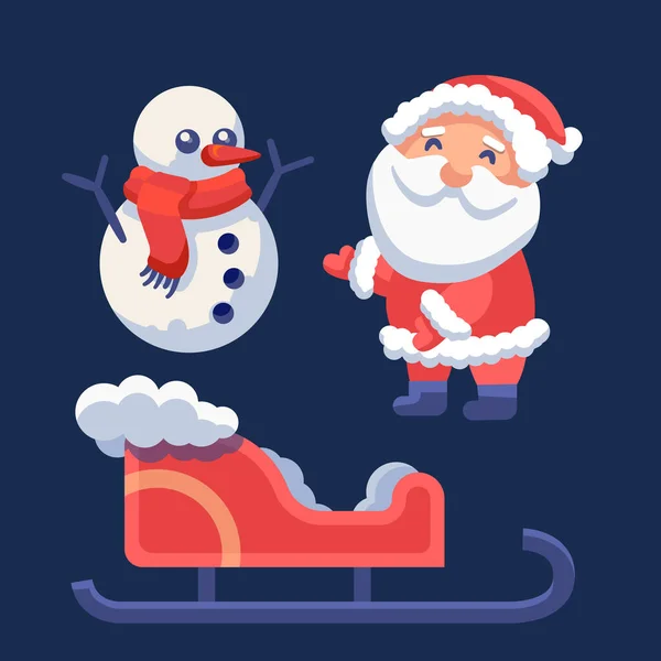Santa Claus Con Muñeco Nieve Sobre Fondo Azul Marino Tarjeta — Vector de stock