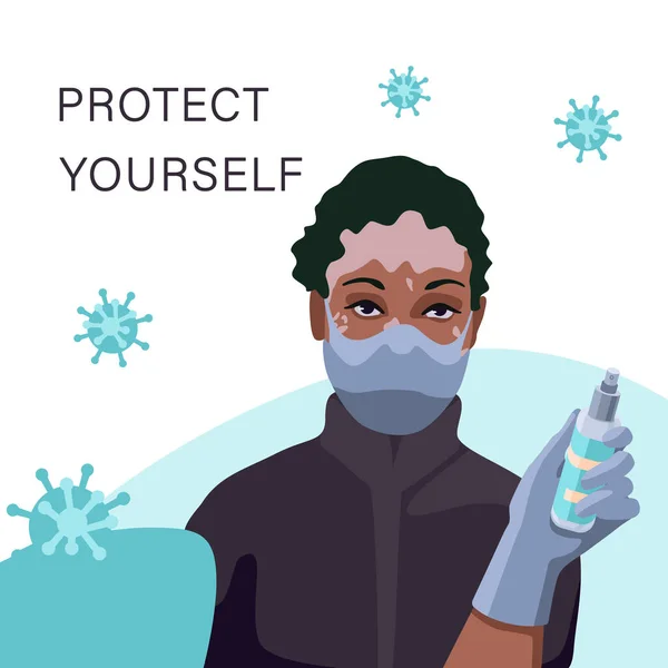 Vitiligo Woman Mask Antiseptic Spray White Backdrop Protect Yourself Text — ストックベクタ