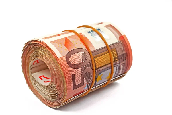Laminado Billetes Cincuenta Euros Sobre Fondo Blanco — Foto de Stock