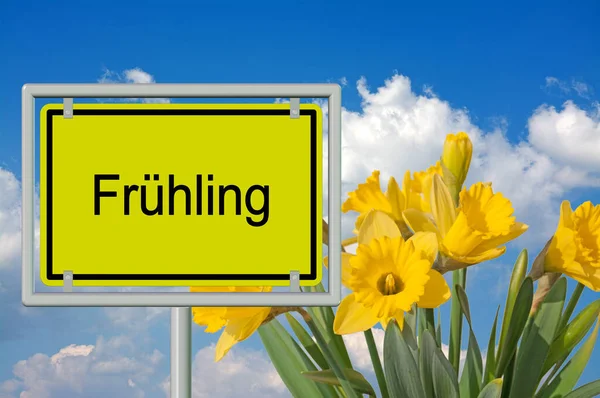 Road Sign Fruehling Translation Spring Illustration — Stock Photo, Image