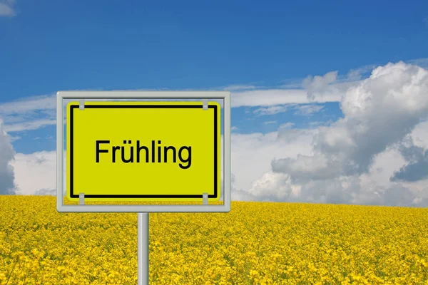 Road Sign Fruehling Translation Spring Front Rapeseed Blossoms Illustration — Stock Photo, Image