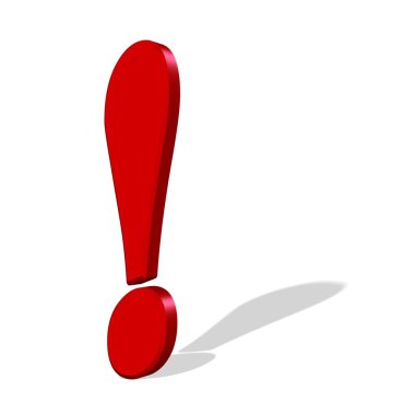 Beyaz arkaplana karşı kırmızı ünlem işareti, 3d illüstrasyon