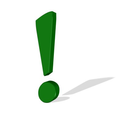 Beyaz arkaplana karşı yeşil ünlem işareti, 3d illüstrasyon