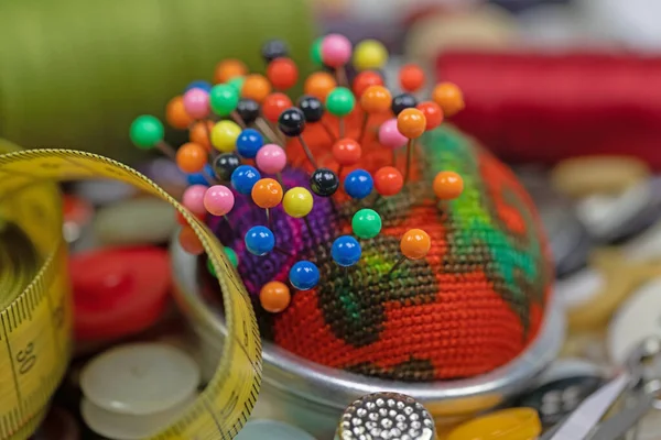 Pin Cushion Lots Colorful Pins Close — Stock Photo, Image