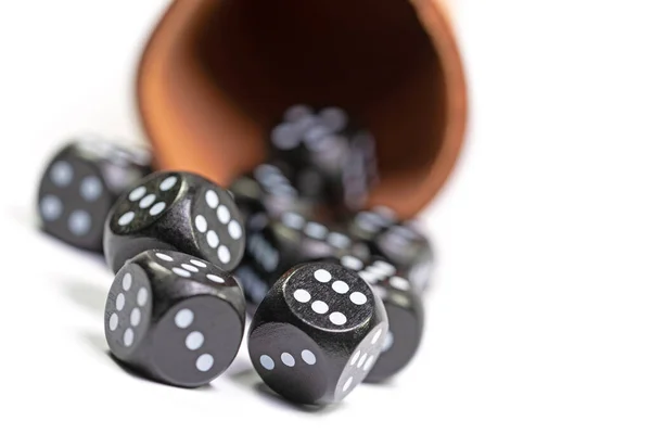 Black Wooden Cubes Dice Cup Close — Stock Photo, Image