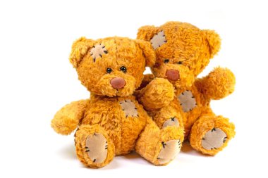 Beyaz arka plana karşı iki pelüş ayı.