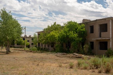 Eski şehir ve ağaçlarla yıkılmış ev