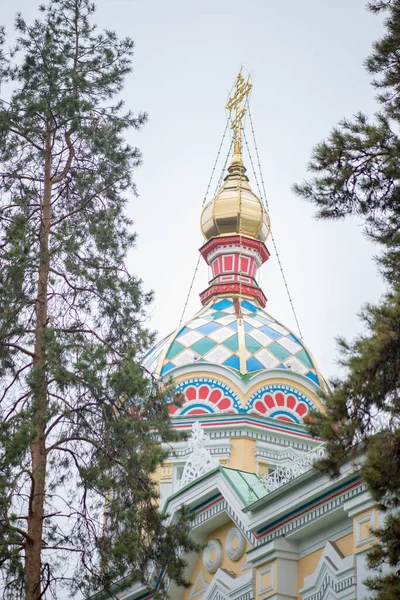 Kopule kostela v Almaty parku za deštivého dne — Stock fotografie