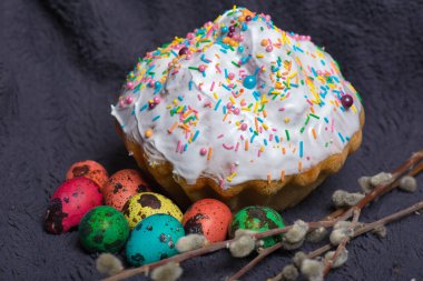 big Easter cake with pussy willow and eggs