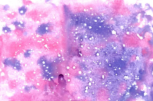 Abstract pink background with stars. Color splashing on paper. Aquarelle texture. Handmade original wallpaper. Beautiful pink, blue, purple and white creative print. Cosmic texture. Original art