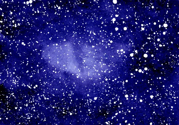 Abstract watercolor background. Deep blue night sky with stars. Hand drawn illustration. Galaxy painting, cosmic texture. Astrology theme. Beautiful and romantic space. Creative print.