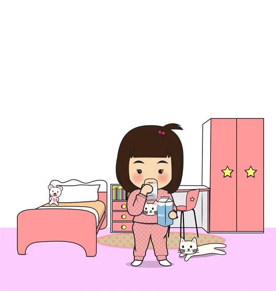 Girl drink milk before bed — Stockvector