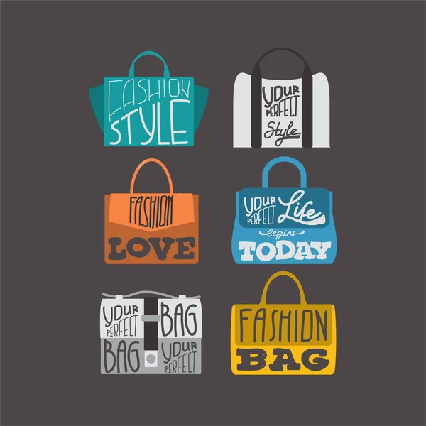 Fashion bags set with fashion quotes on them — Stock Vector