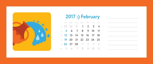 Calendário semanal 2017 - fevereiro, aquário — Vetor de Stock
