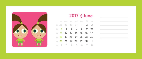 Calendrier hebdomadaire 2017 - juin, gemini — Image vectorielle