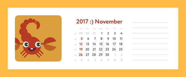 Calendário semanal 2017 - novembro, escorpião — Vetor de Stock