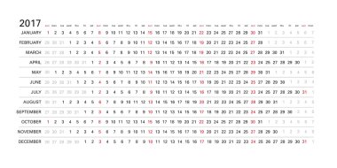 Doğrusal takvim 2017 - beyaz arka plan koyu harflerle, seçili Pazar günleri