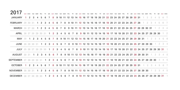 Lineaire kalender 2017 - witte achtergrond met donkere letters, zondag geselecteerd — Stockvector