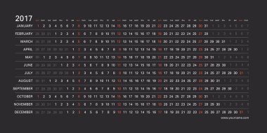 Doğrusal takvim 2017 - beyaz harfler üzerinde karanlık uygunluğunu, seçili Pazar günleri