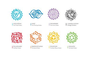 Çakralar vektör ayarla - ayurveda, maneviyat, yoga sembolleri.