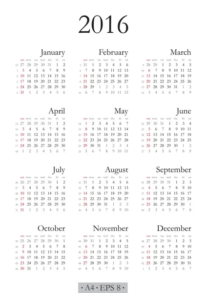 Calendario 2016 — Vettoriale Stock