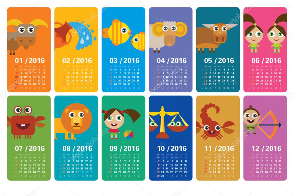 Cute calendar 2016 with funny cartoon horoscopes