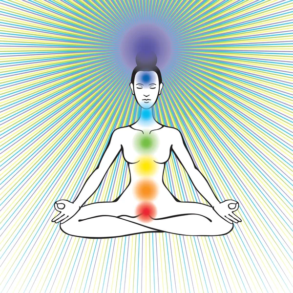 Meditazione femminile con chakra aperti — Vettoriale Stock