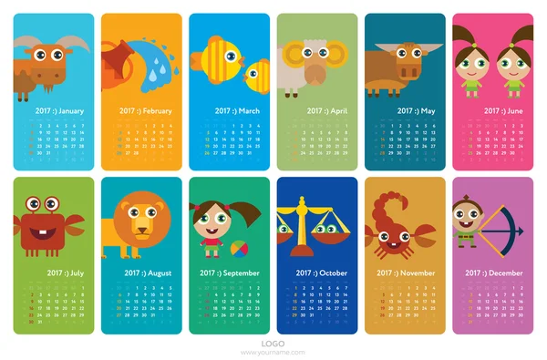 Calendario 2017 con signos del zodíaco . — Vector de stock