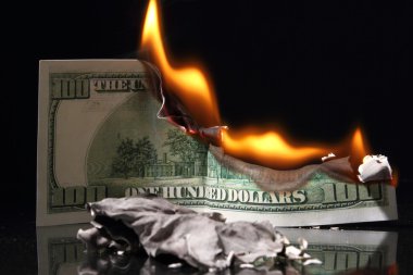 Dollars in fire, burning dollar, ashes. Crisis clipart