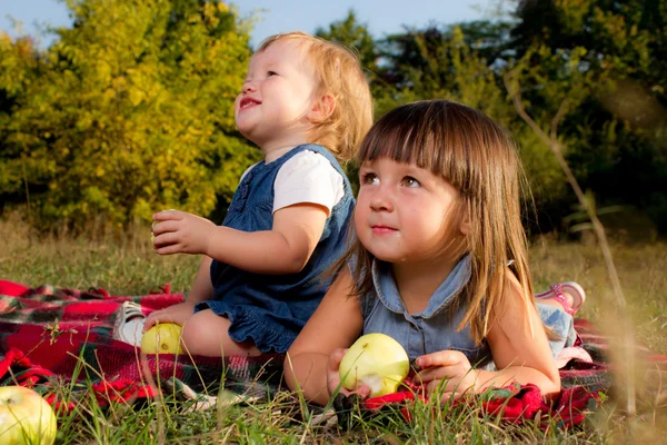 Glückliche Kinder liegen auf grünem Gras im Frühlingspark mit Äpfeln Stockbild