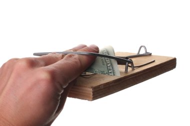 Tuzak beyaz arka plan üzerinde izole dolar faturaları ile iş, işadamı bir fare kapanı para alarak riske.