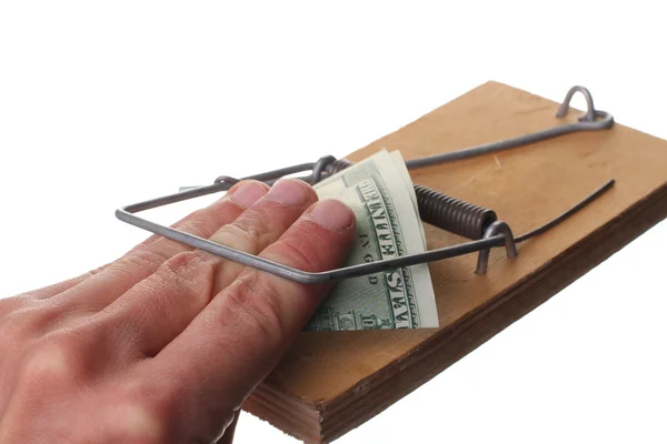 Tuzak beyaz arka plan üzerinde izole dolar faturaları ile iş, işadamı bir fare kapanı para alarak riske.