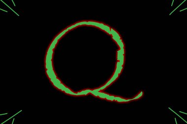 Q harfi, kırmızı dış parıltıya sahip yeşille vahşi yazı tipiyle yazılmış..