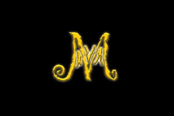 Letter M typed with a royal font in yellow having white outer glow with black background.