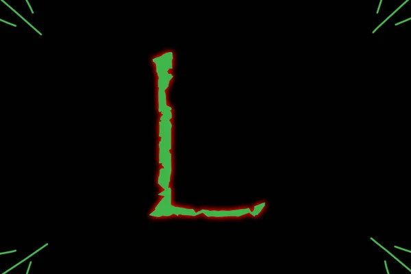 Letter L typed with wild font in green having red outer glow.